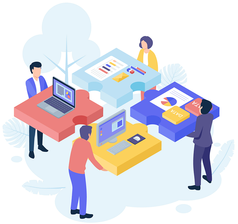 Illustration of a team collaborating on technology projects