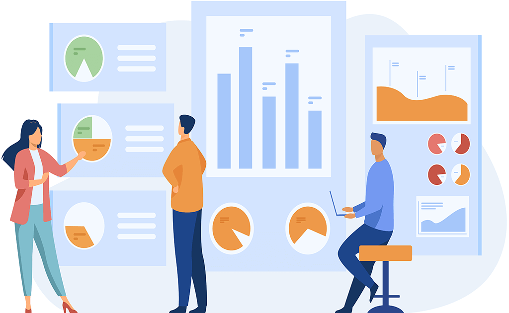 Illustration of professionals analysing data charts and dashboards